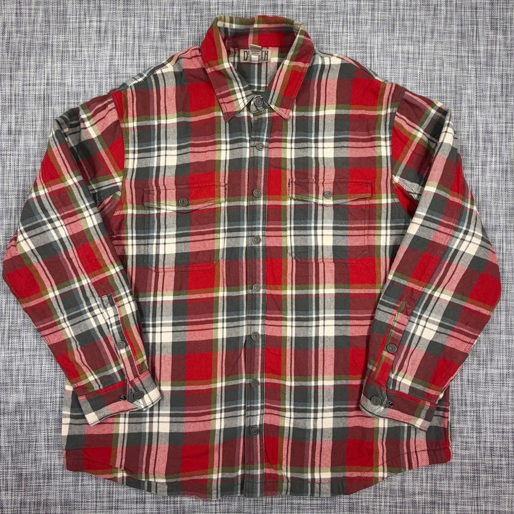 Duluth Trading Mens Shirt Jacket 2XL Tall Red Plaid Cotton Fleece Lined Snap